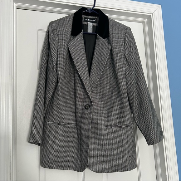 Sag Harbor women’s size 14 blazer wool blend black white herringbone academia - Picture 1 of 7